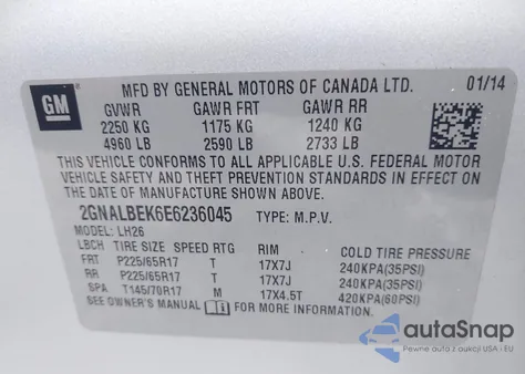 2014 Chevrolet Equinox 1Lt z USA, uszkodzony, nr VIN 2GNALBEK6E6236045